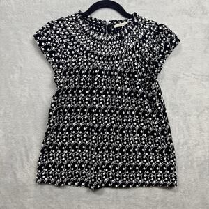 Loft Top Womens XS Petite Black White Eyelet Embroidered Polka Dot Blouse